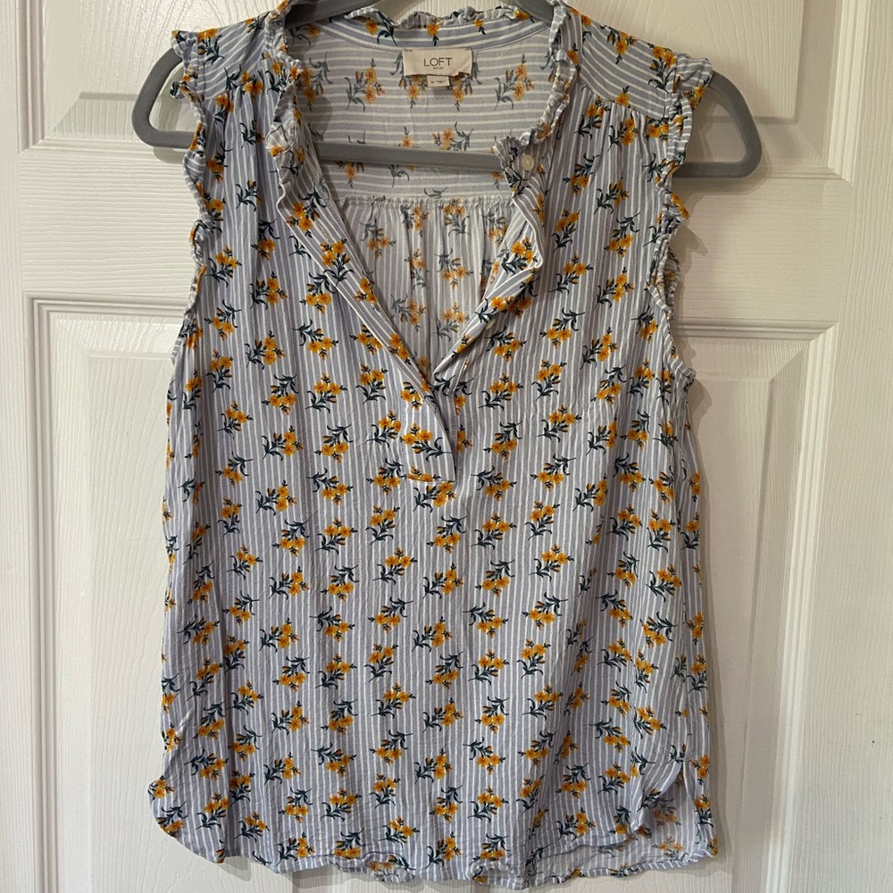LOFT Light Blue Striped Tank with Yellow Floral Print